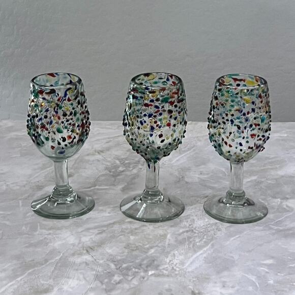 Hand Blown Ball Wine Glasses Colorful Textured Pebble  Hand Blown Ball Wine Glasses Colorful Textured Pebble Confetti Design Set of 3